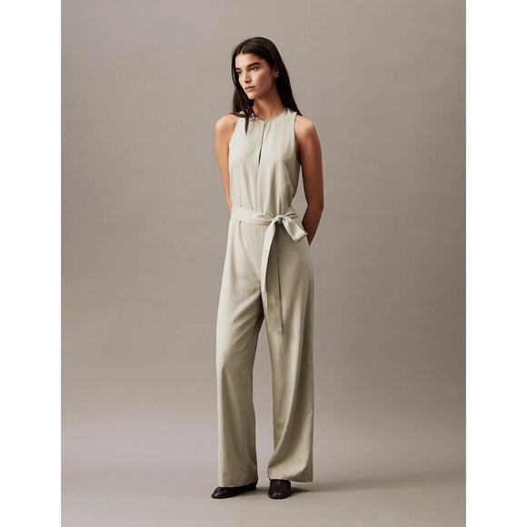 Calvin Klein Jumpsuit Womens 12 Olive Green Belted Wide Leg Sleeveless Back Zip - Picture 1 of 1